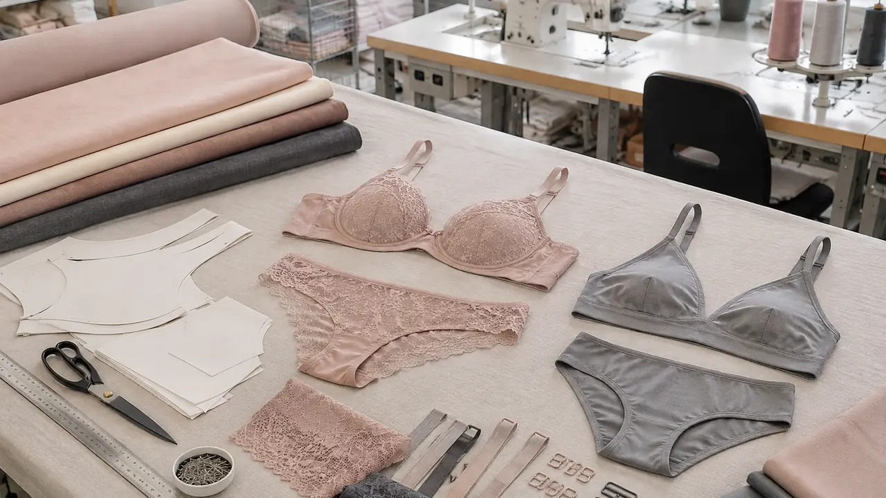 Illustrated production line for bras and panties showing cutting, sewing, molding and packing stations