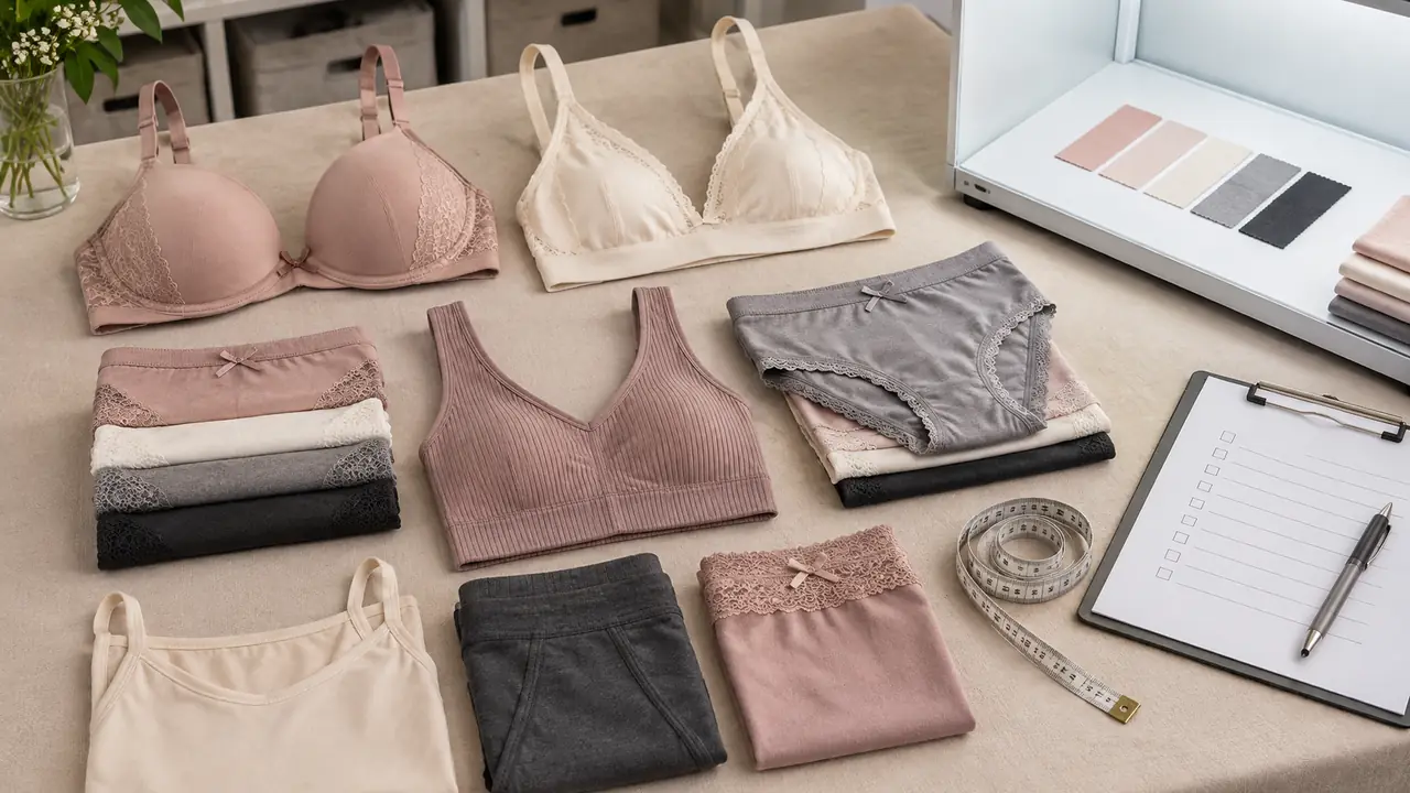 Quality control bench for intimate apparel with a sealed sample, measuring tape, elastic recovery jig and inspection forms