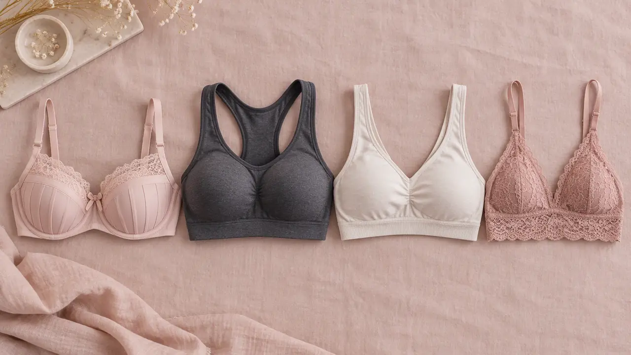 Bra types guide flat sketches comparing balconette, plunge and sports bra constructions on neutral card