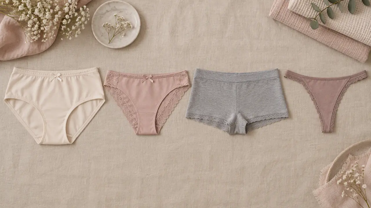 Panty styles guide flat sketches of brief, bikini and boyshorts cuts beside cotton and lace swatches