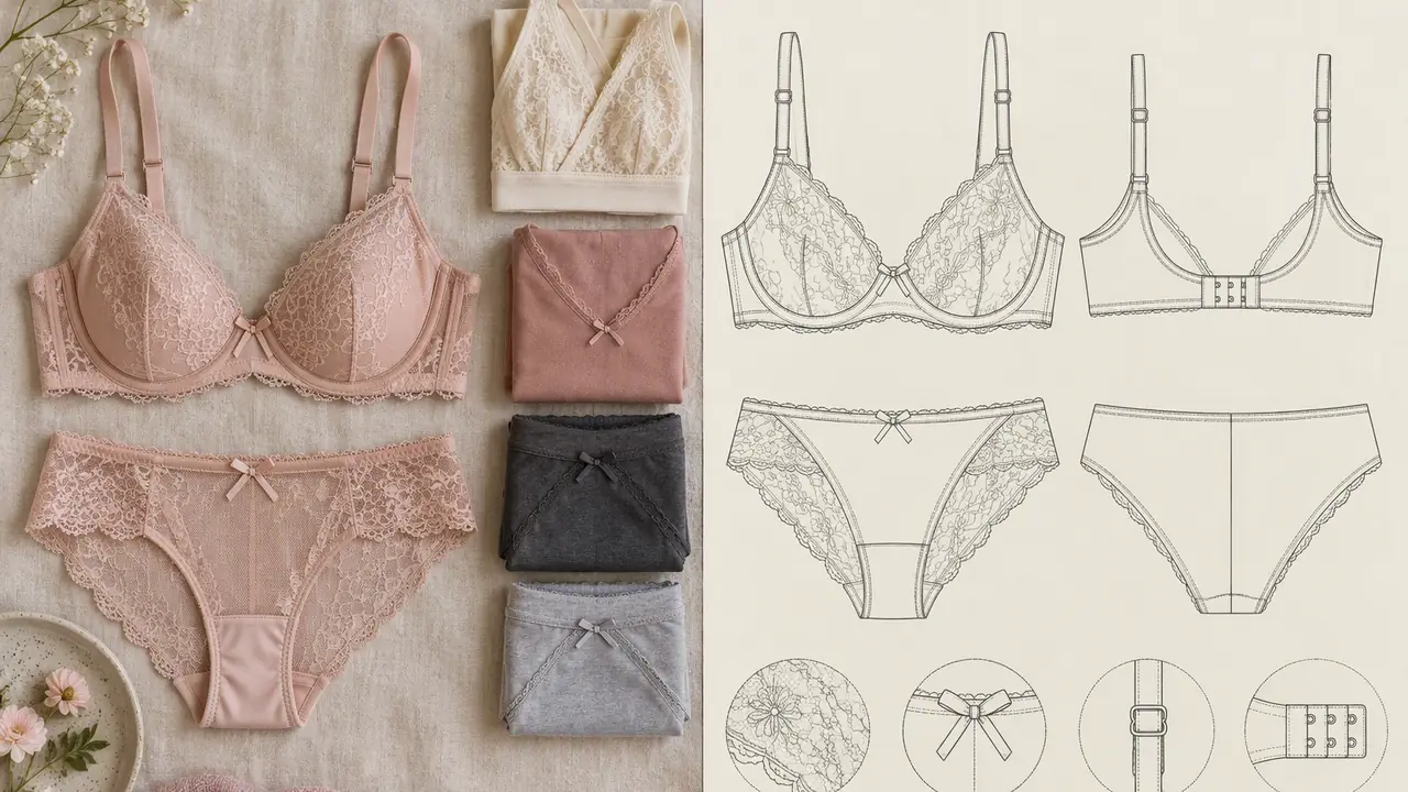 Women's underwear program overview with flat sketches, lace and elastic swatches and a spec card on a work table