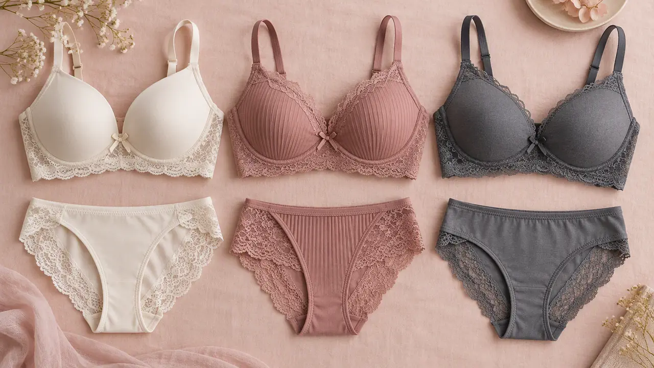 Intimate apparel flat sketches and fabric swatches arranged on a warm blush surface