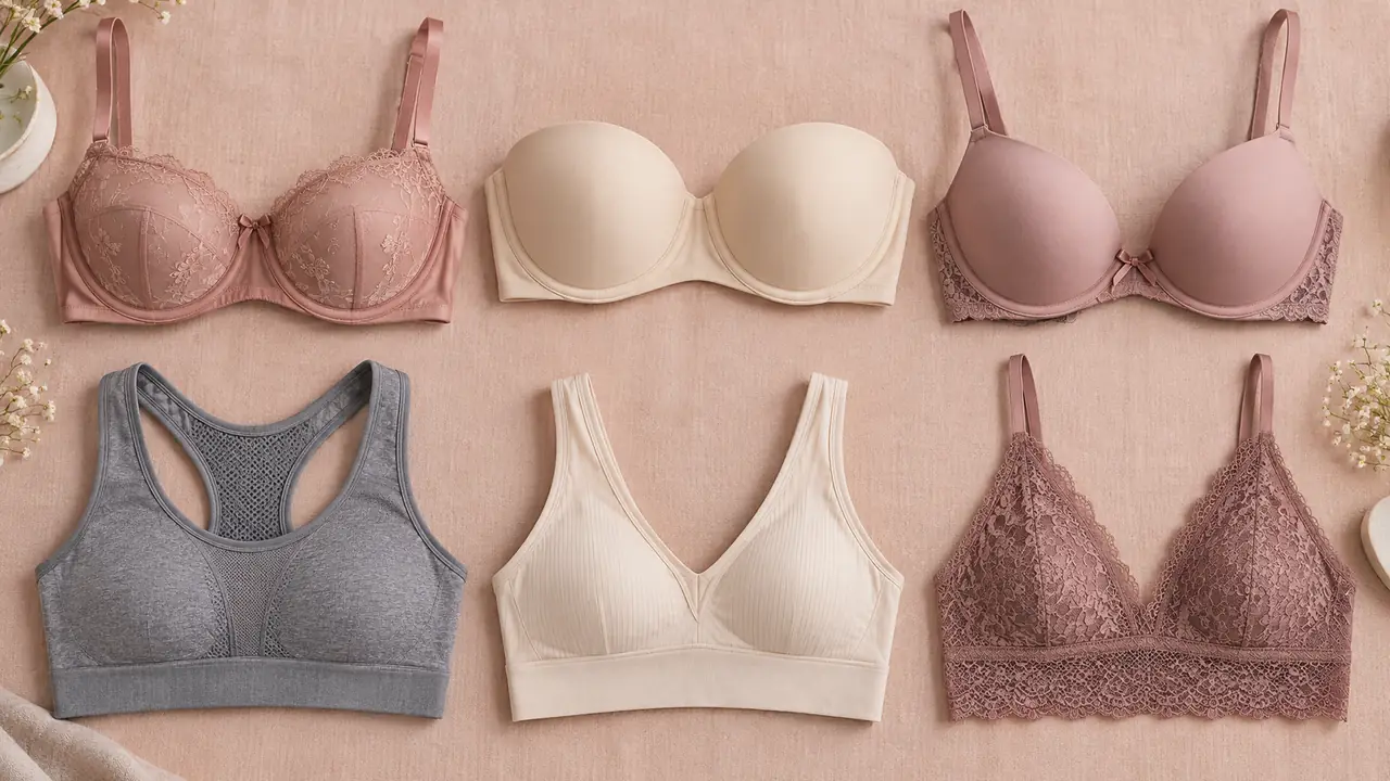 Six bra styles in a flat lay product shot: balconette, strapless, push-up, sports, wireless and bralette