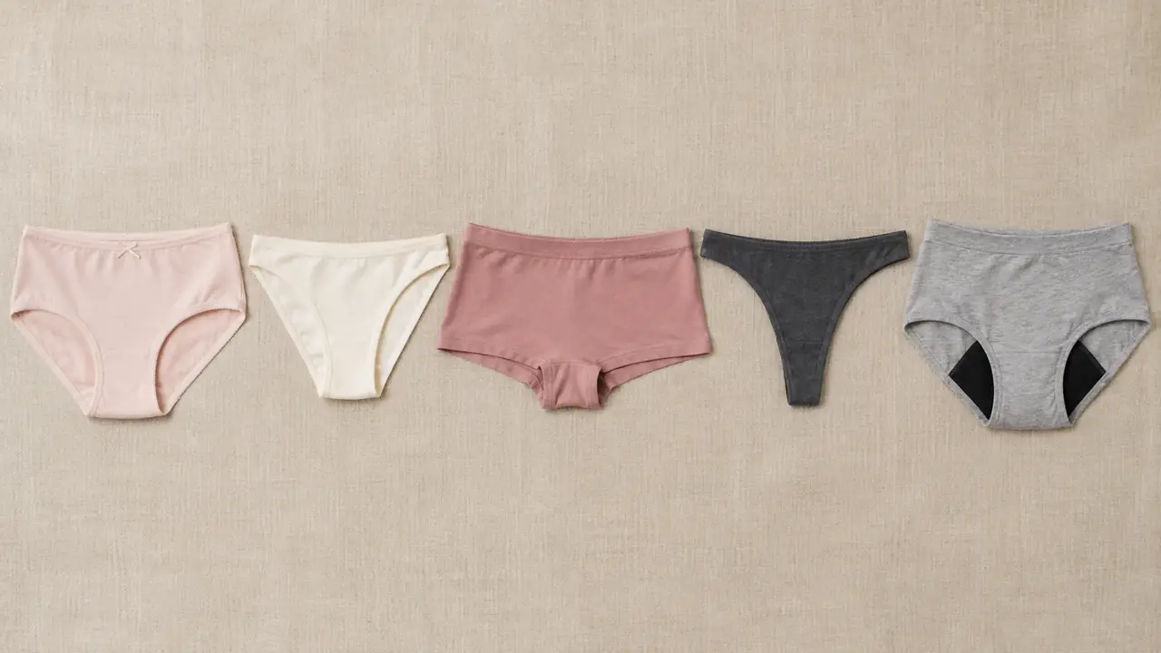 Flat-laid panty lineup showing brief, bikini, boyshorts, thong and period silhouettes in neutral fabrics