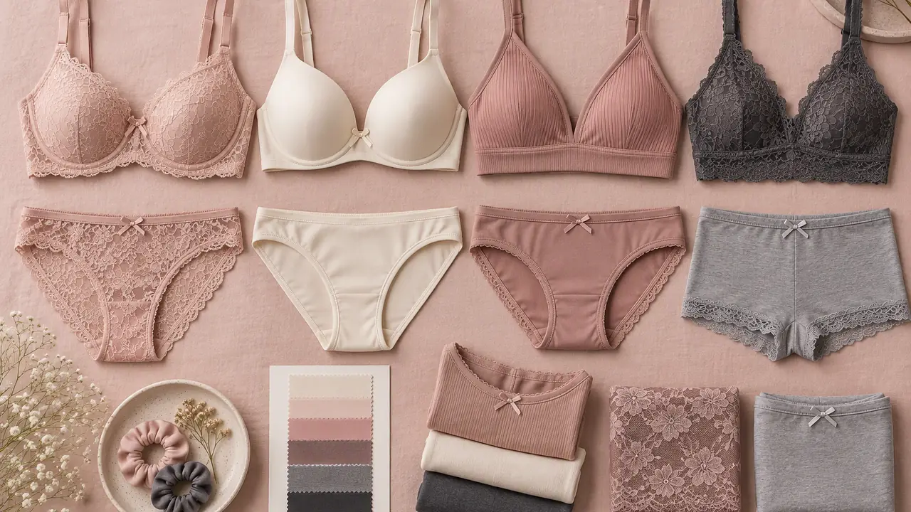Flat sketches of bra and panty lines arranged on an intimate apparel sourcing desk