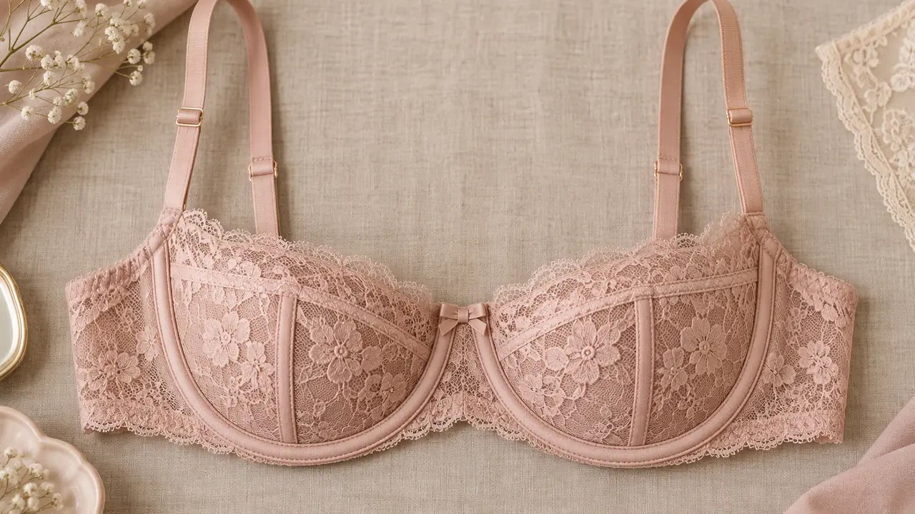 Balconette bra in soft blush lace showing the half-cup construction and horizontal neckline