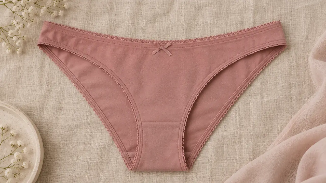 Bikini panty in stretch lace and mesh laid flat showing the low rise and narrow side panels