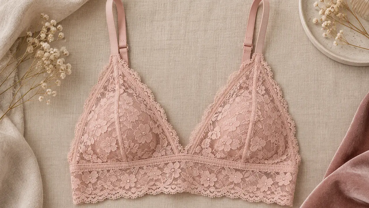 Bralette flat lay in stretch lace showing triangle cups, adjustable straps and the pull-on band
