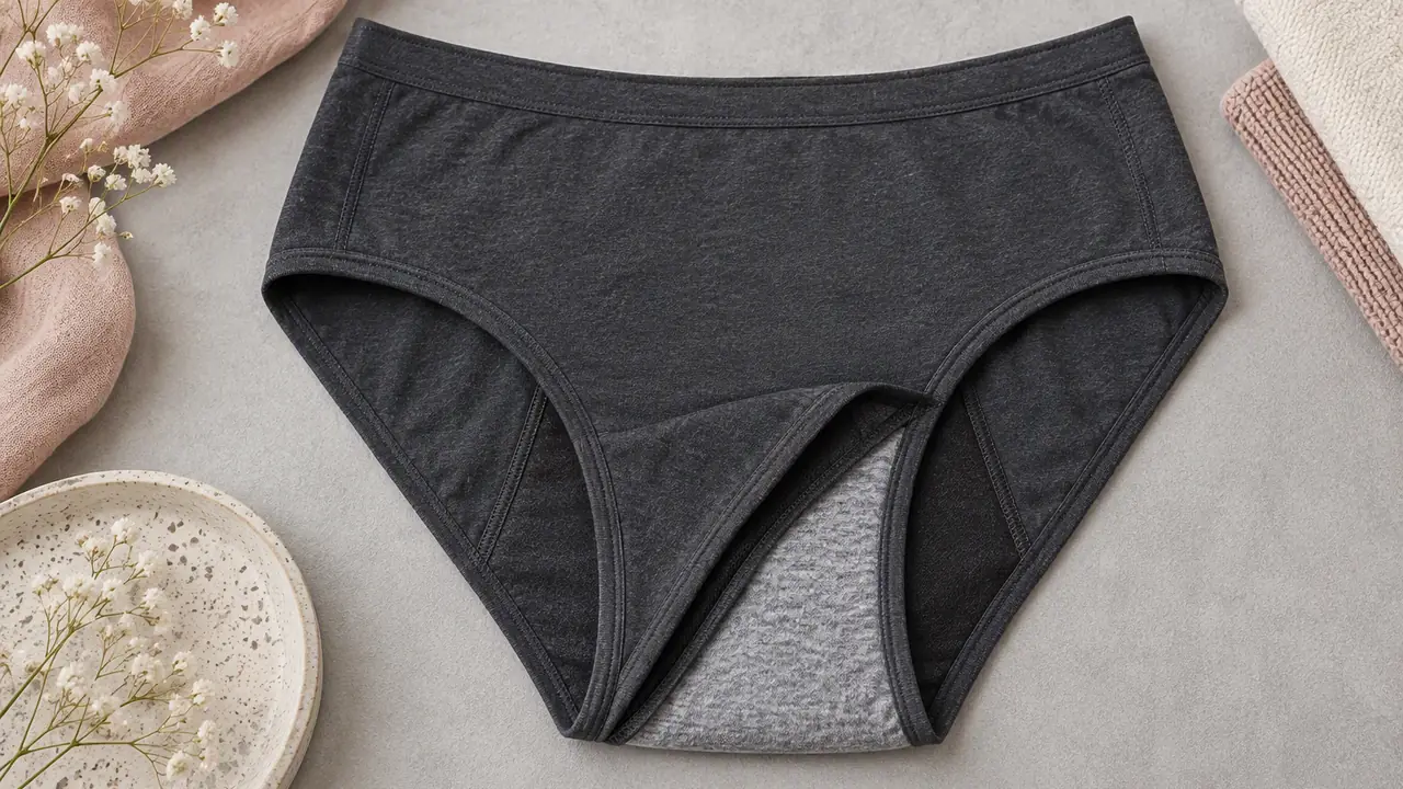 Period panty laid flat showing the layered absorbent gusset panel and bonded leg edges