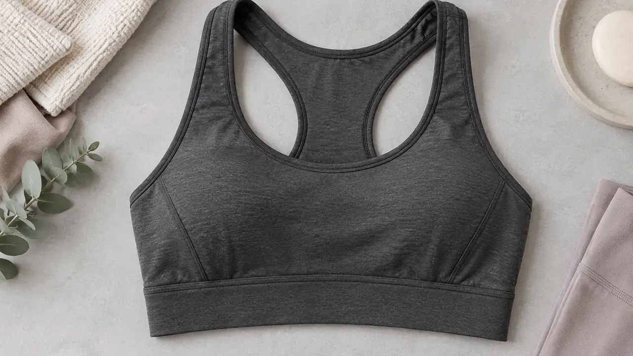 Sports bra flat lay in a nylon-elastane knit showing racerback straps and the wide underband