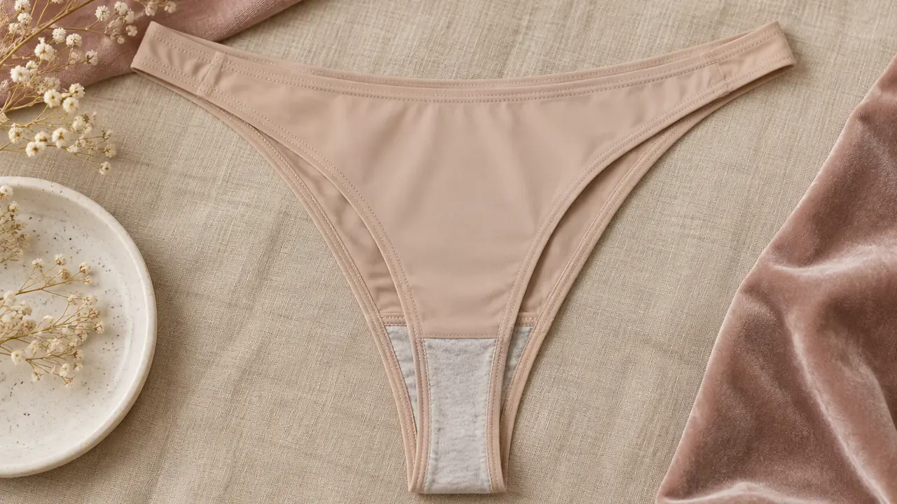 Thong panty in seamless microfiber laid flat showing the T-back cut and cotton gusset lining