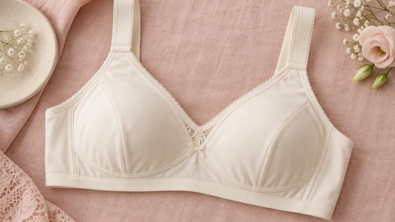 Wireless bra flat lay showing the wide underband, soft molded cups and hook back closure