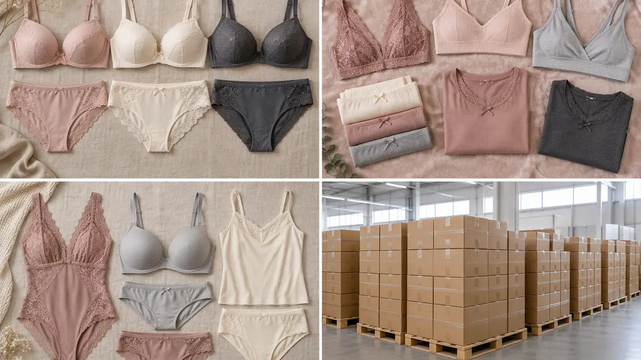 Wholesale lingerie color ladder: folded bras and panties in graded shades of one color family
