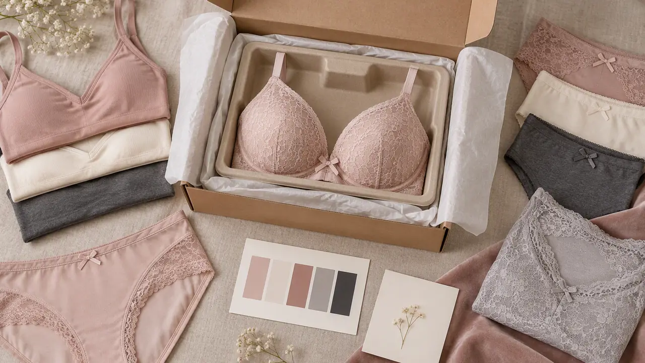 Flat laid wireless bra and bralette with lingerie packaging: poly mailer, tissue and a size card