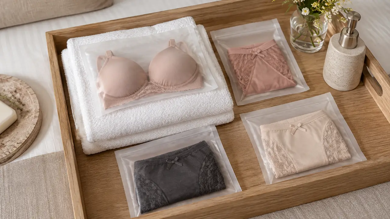 Illustrated hotel amenity underwear box with sealed packs, folded tissue and a property card