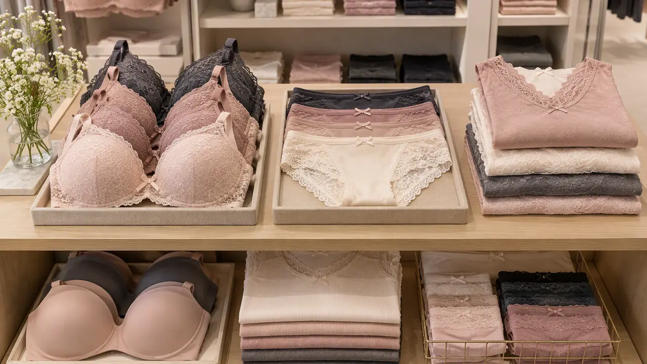 Illustrated shelf bay with private label underwear packs aligned in a size run under a planogram tag